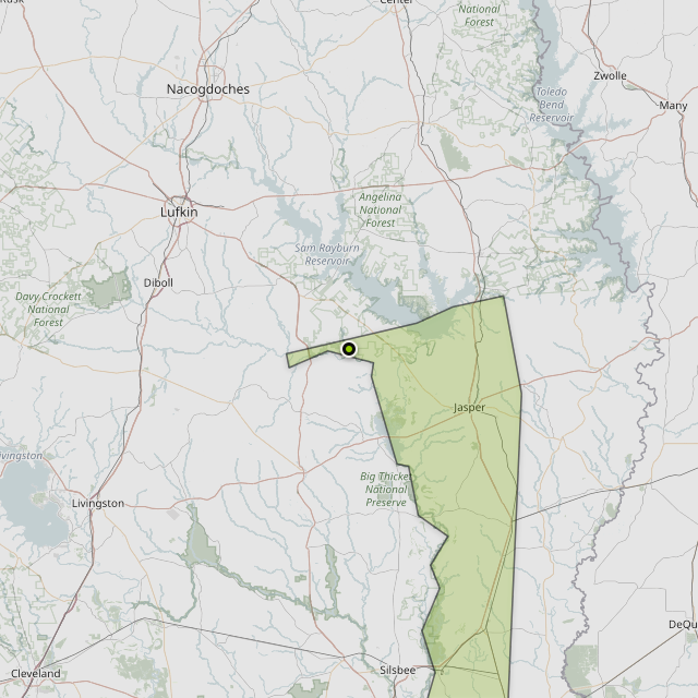 Map showing Jasper County around Sam Rayburn, TX