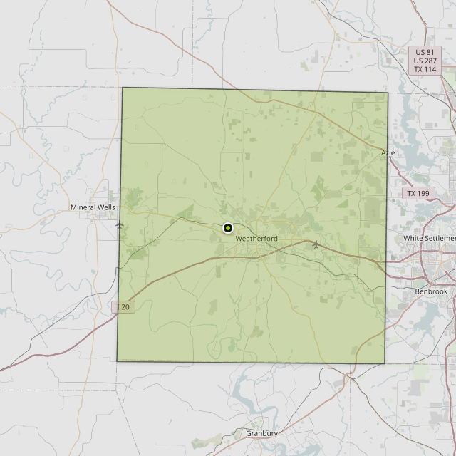 Map showing Parker County around Weatherford, TX
