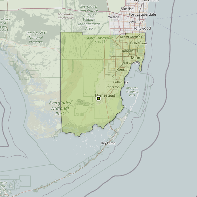 Map showing Miami-Dade County around Homestead, FL