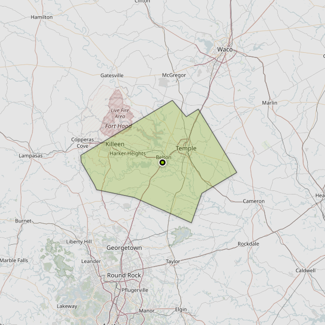 Map showing Bell County around Belton, TX