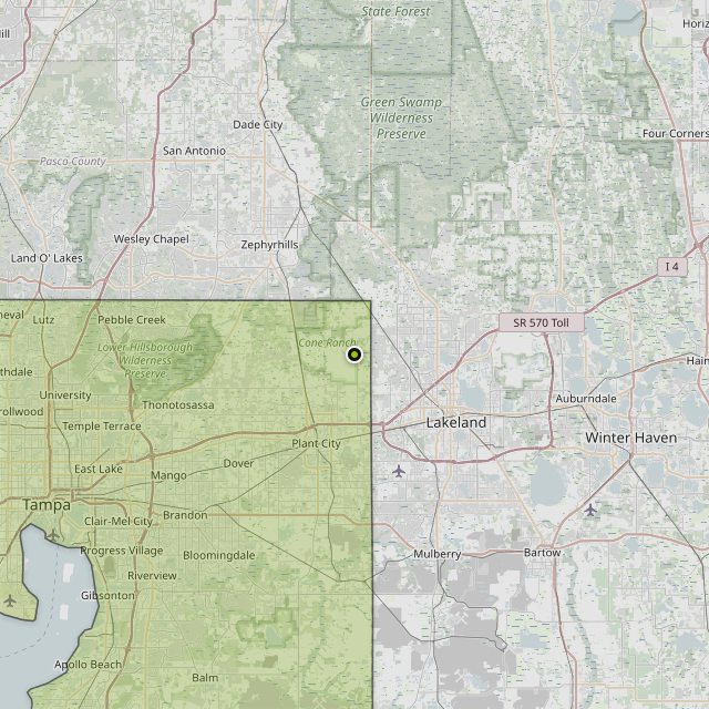 Map showing Hillsborough County around Kathleen, FL