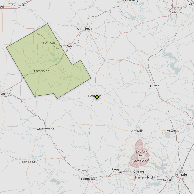 Map showing Comanche County around Hamilton, TX