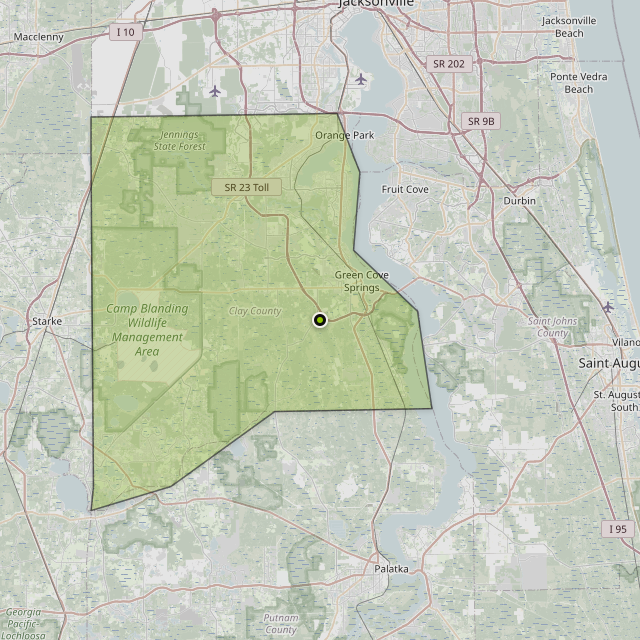 Map showing Clay County around Green Cove Springs, FL