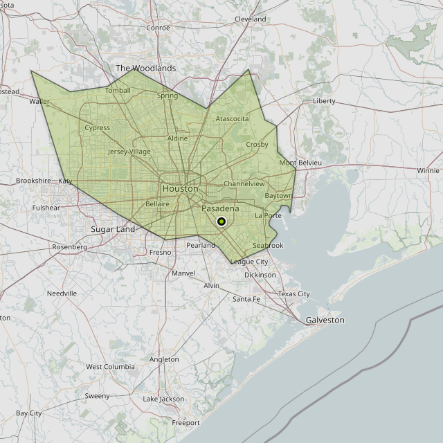 Map showing Harris County around Pasadena, TX
