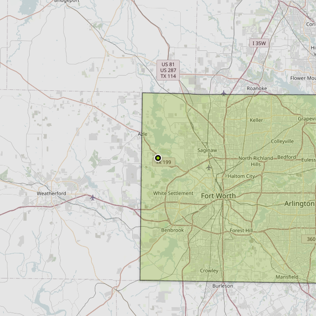 Map showing Tarrant County around Fort Worth, TX
