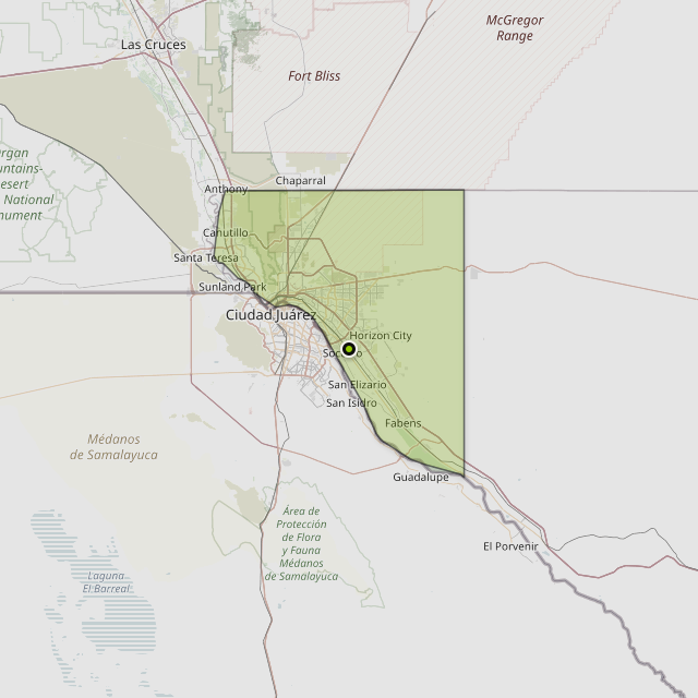 Map showing El Paso County around Socorro, TX