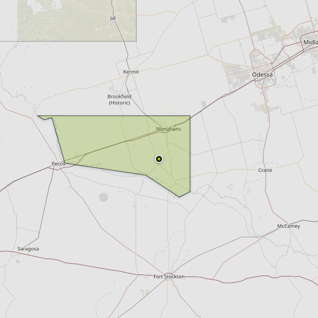 Map showing Ward County around Monahans, TX
