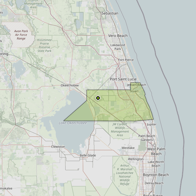 Map showing Martin County around Indiantown, FL