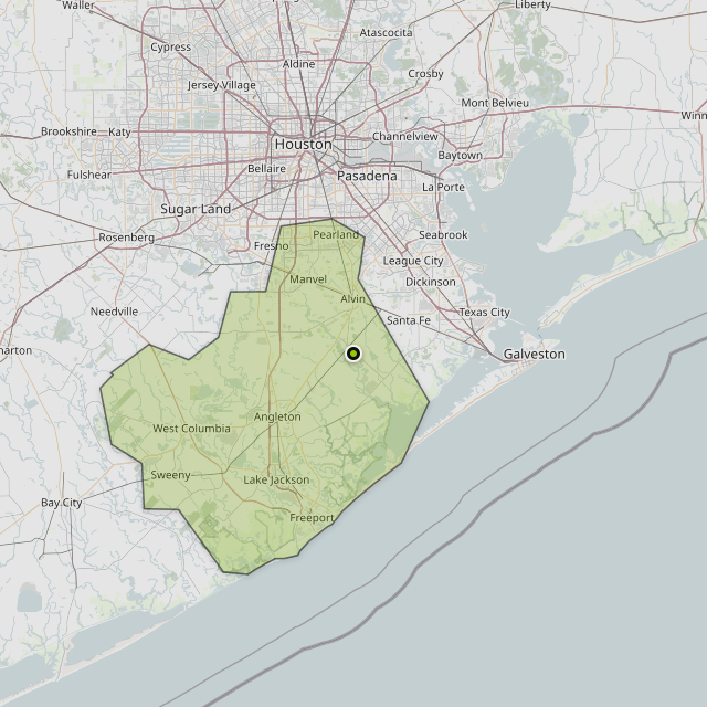 Map showing Brazoria County around Alvin, TX