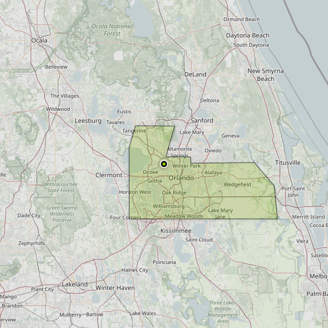 Map showing Orange County around Orlando, FL