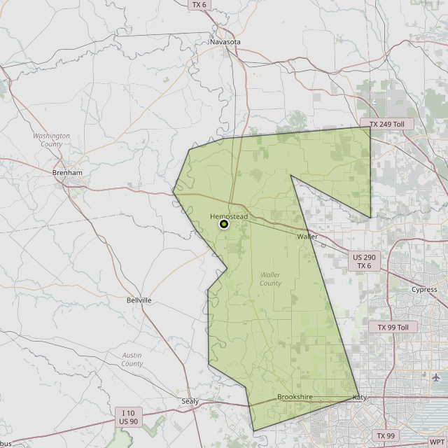 Map showing Waller County around Hempstead, TX