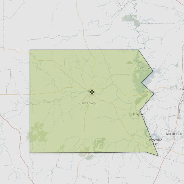 Map showing Llano County around Llano, TX