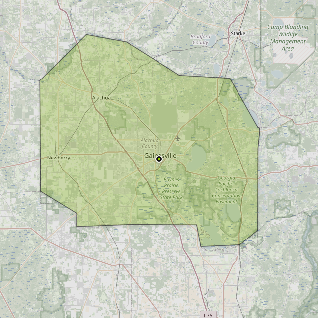 Map showing Alachua County around Gainesville, FL