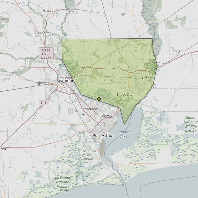 Map showing Orange County around Port Neches, TX