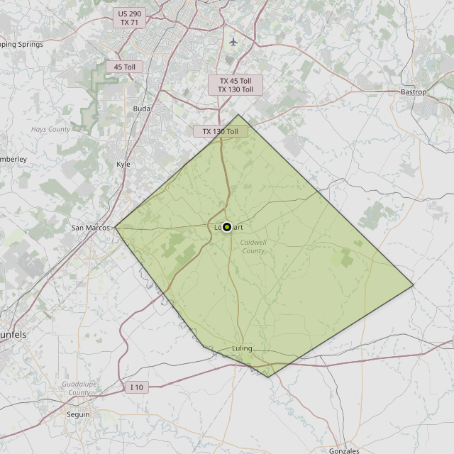 Map showing Caldwell County around Lockhart, TX