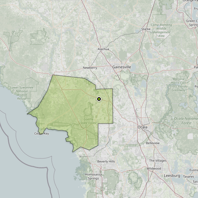 Map showing Levy County around Williston, FL