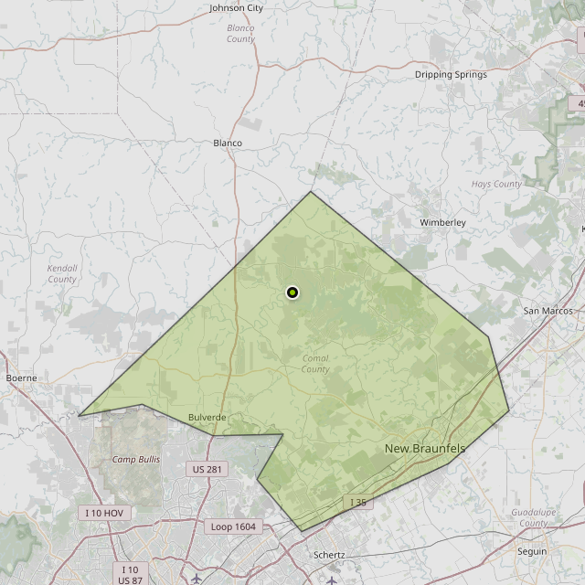 Map showing Comal County around Canyon Lake, TX