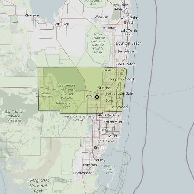 Map showing Broward County around Davie, FL