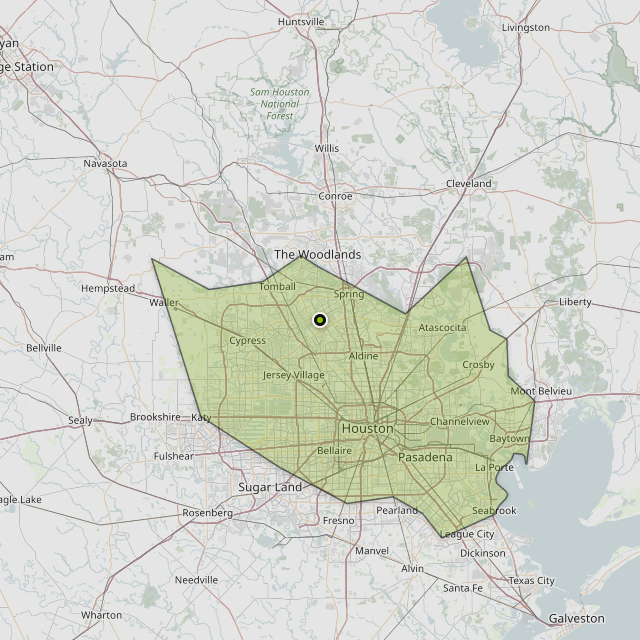 Map showing Harris County around Spring, TX