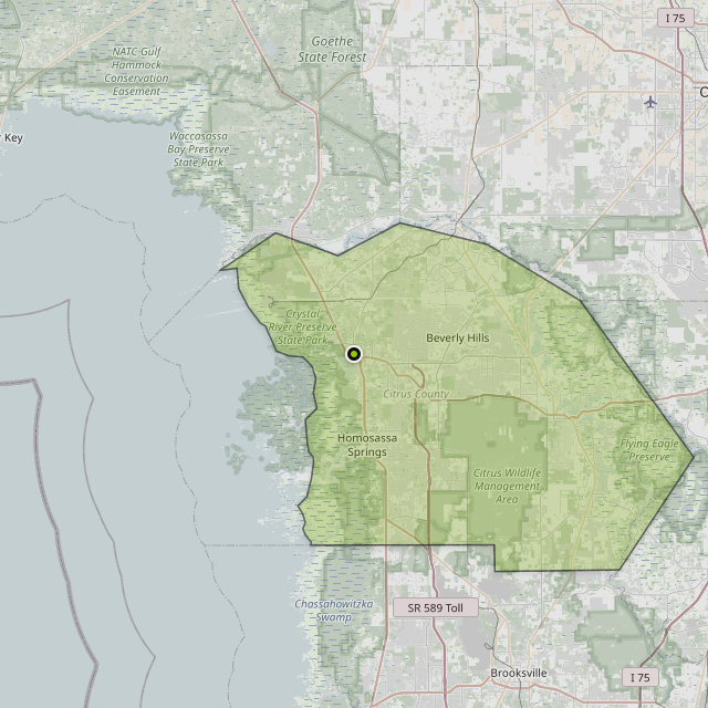 Map showing Citrus County around Crystal River, FL