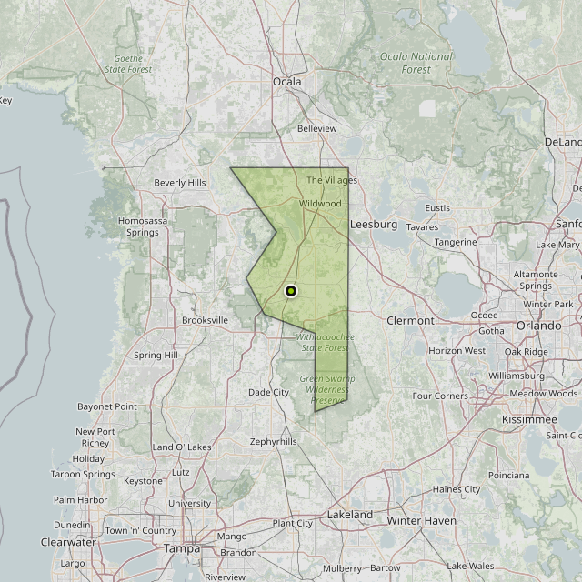 Map showing Sumter County around Bushnell, FL