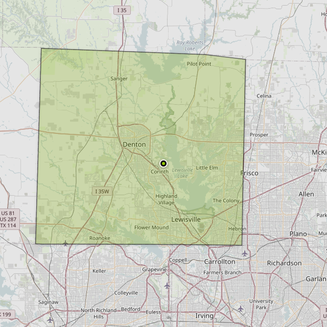 Map showing Denton County around Shady Shores, TX
