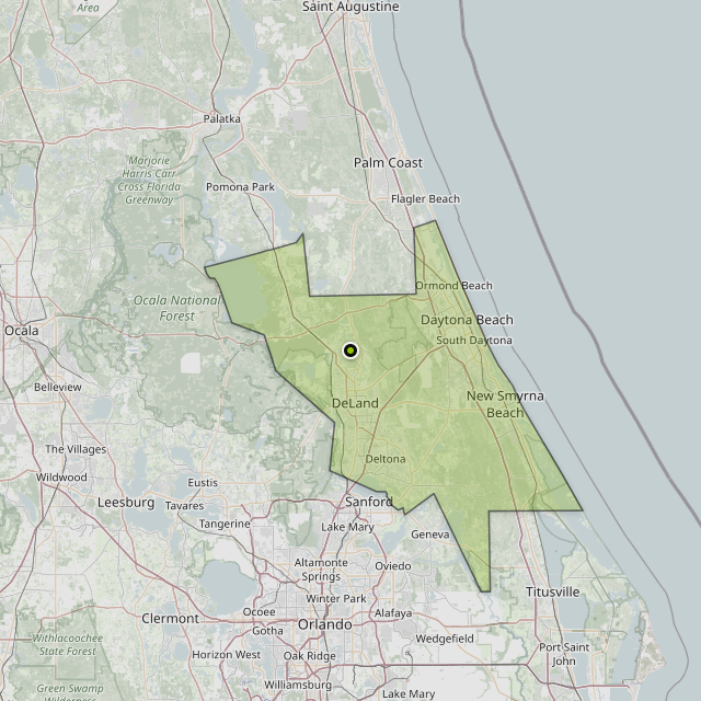 Map showing Volusia County around De Leon Springs, FL