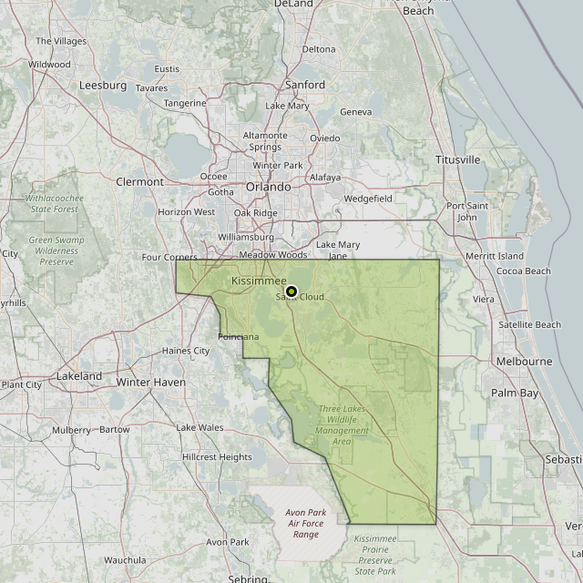 Map showing Osceola County around St Cloud, FL