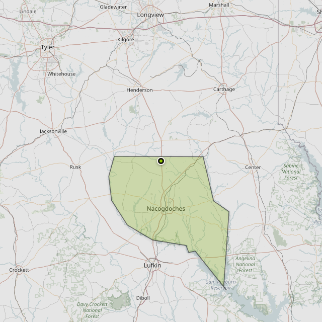 Map showing Nacogdoches County around Nacogdoches, TX