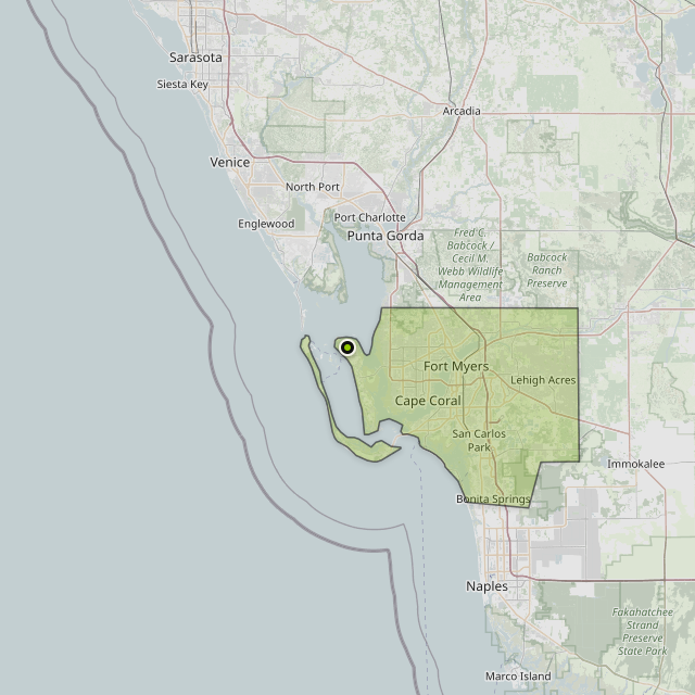 Map showing Lee County around Bokeelia, FL