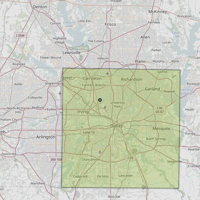 Map showing Dallas County around Dallas, TX