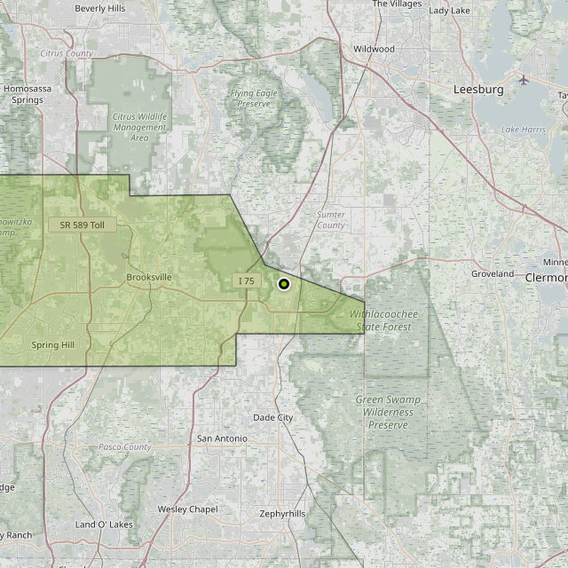 Map showing Hernando County around Webster, FL