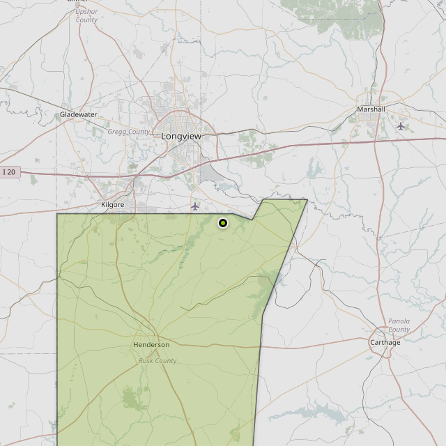 Map showing Rusk County around Henderson, TX