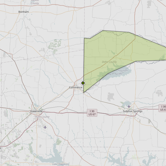 Map showing Delta County around Commerce, TX