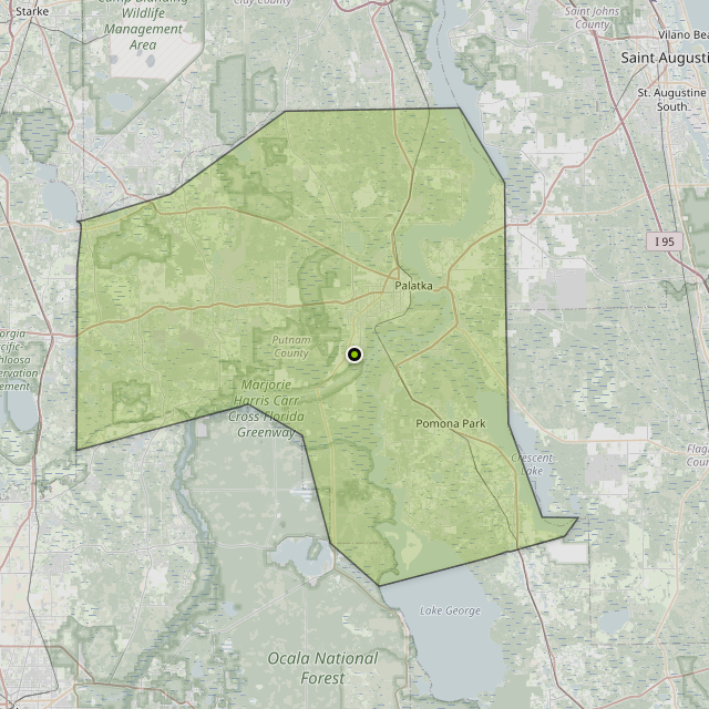 Map showing Putnam County around Palatka, FL