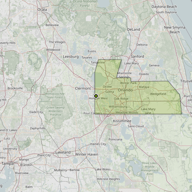 Map showing Orange County around Oakland, FL