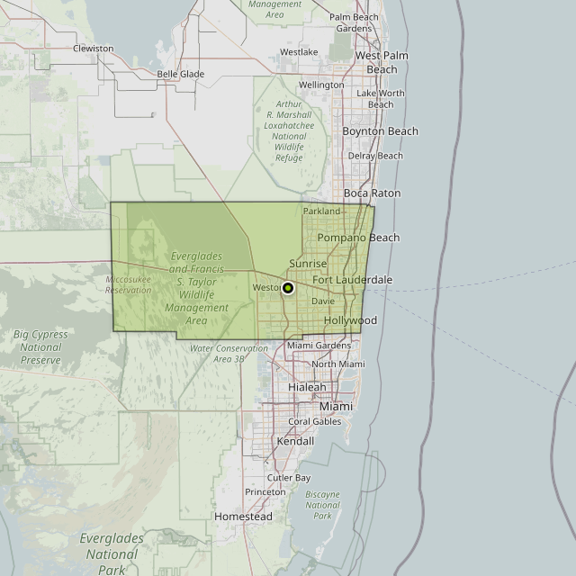 Map showing Broward County around Davie, FL
