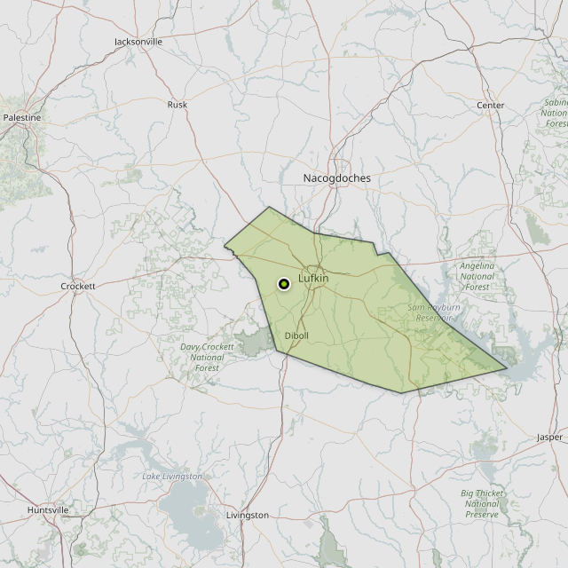 Map showing Angelina County around Lufkin, TX