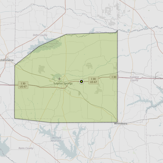 Map showing Hopkins County around Sulphur Springs, TX