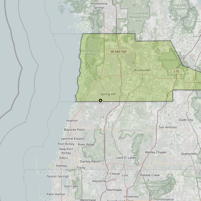 Map showing Hernando County around Spring Hill, FL