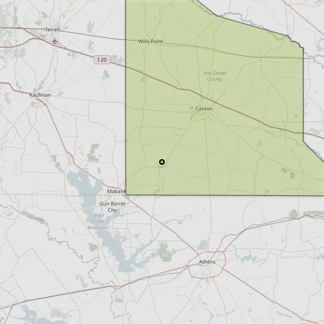 Map showing Van Zandt County around Canton, TX