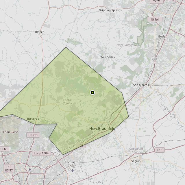 Map showing Comal County around Canyon Lake, TX