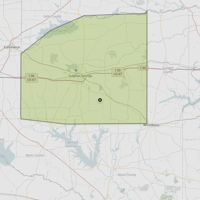 Map showing Hopkins County around Sulphur Springs, TX