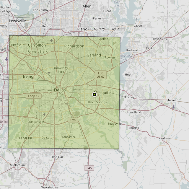 Map showing Dallas County around Mesquite, TX