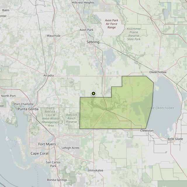 Map showing Glades County around Venus, FL