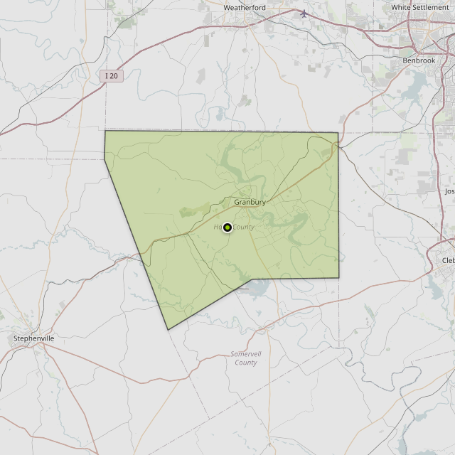 Map showing Hood County around Granbury, TX