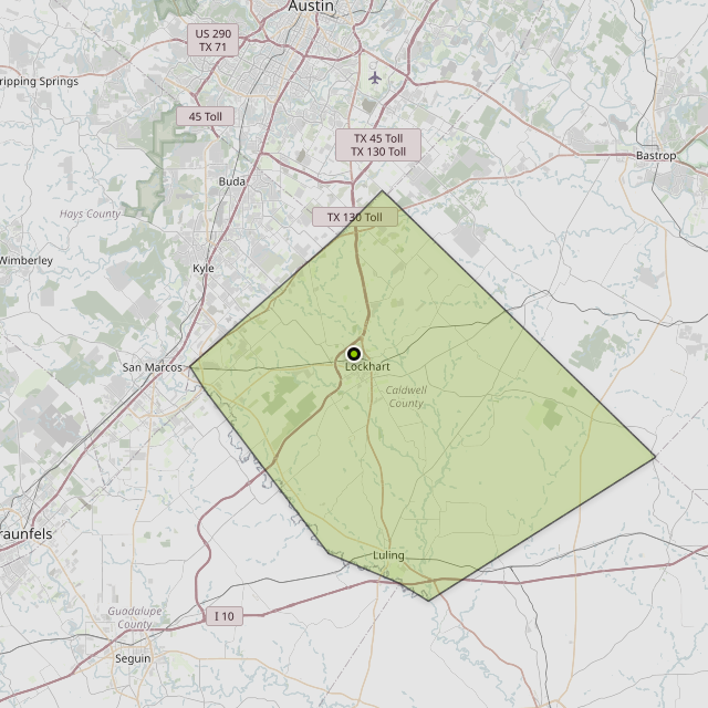 Map showing Caldwell County around Lockhart, TX
