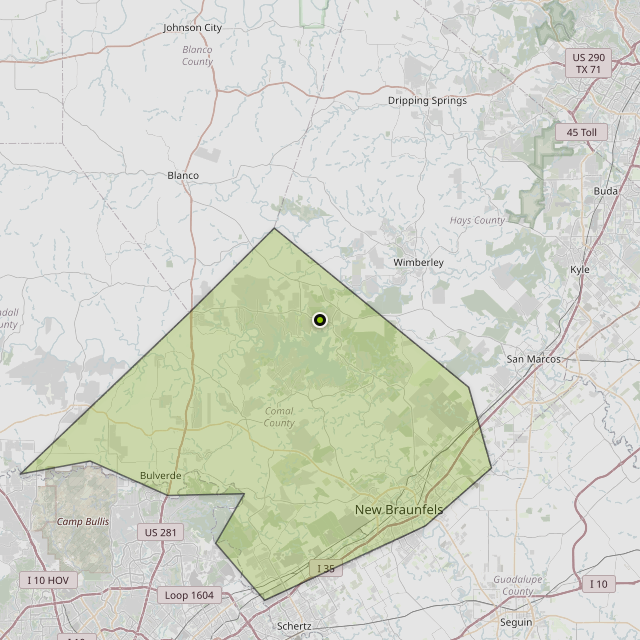 Map showing Comal County around Canyon Lake, TX