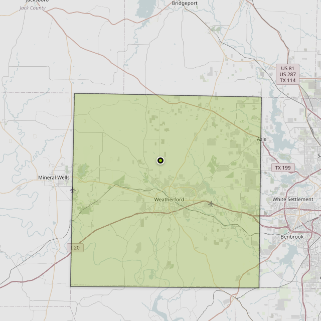 Map showing Parker County around Weatherford, TX