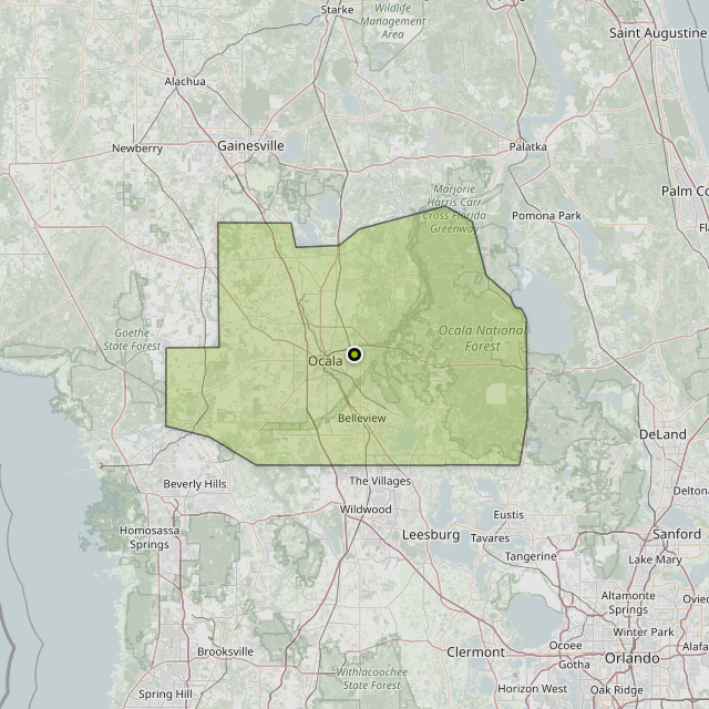 Map showing Marion County around Ocala, FL